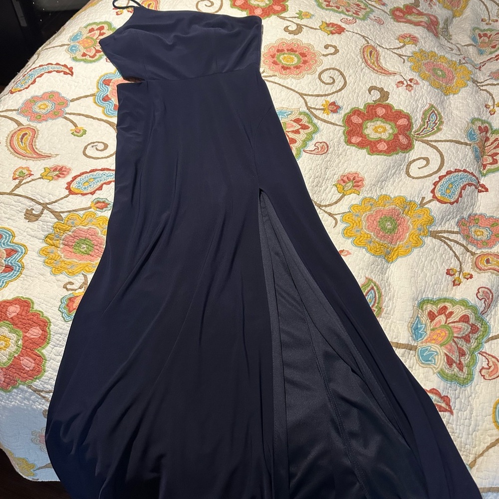 Jump Strapless Navy Evening Gown with Side Slit